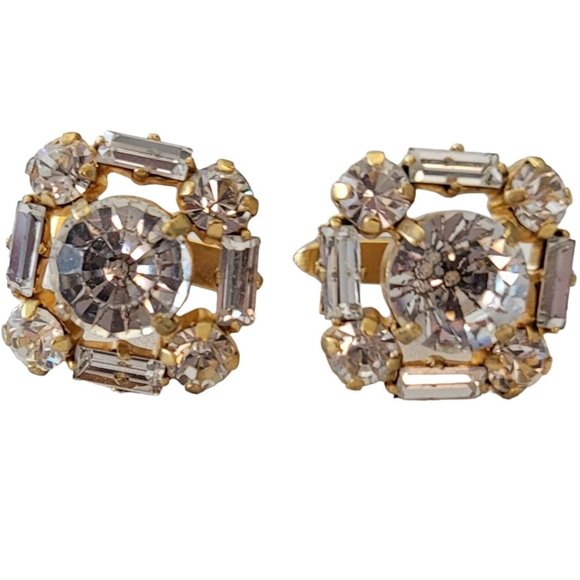 Gold Tone Round Baguette Clear Rhinestone Square Cufflinks E223 - Picture 2 of 11